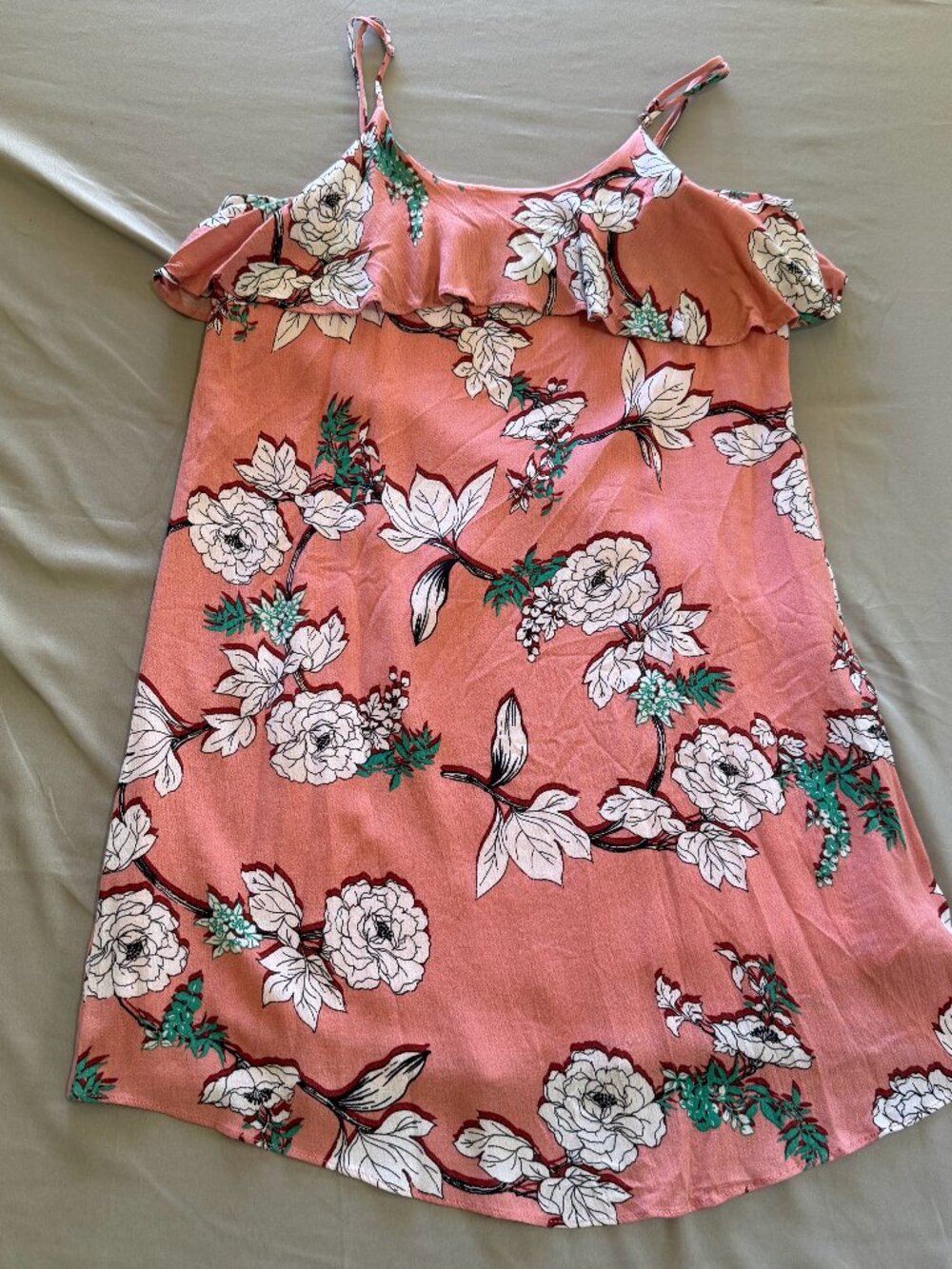 Everly Junior's Cold-Shoulder Pink Floral Tunic/ Mini-Dress Chest Ruffle Sz S